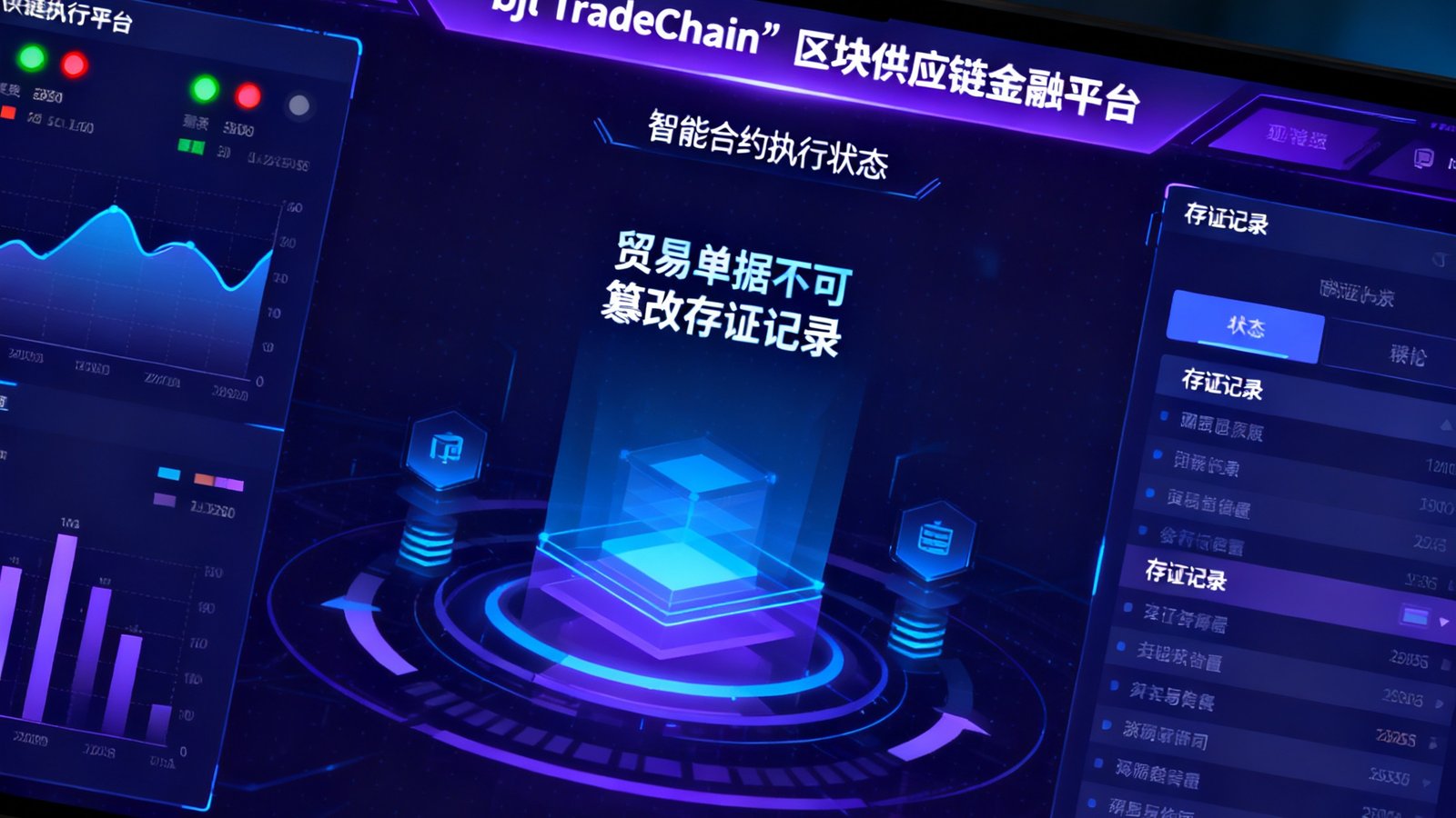 bjl平台集团最新发布的bjl TradeChain区块链供应链金融平台操作界面展示，屏幕上显示智能合约执行状态和贸易单据的不可篡改存证记录